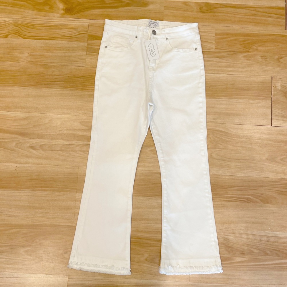 Mud Pie Jodie Fringe Jeans Womens M White Cotton Stretch Flare Boho Coastal‎